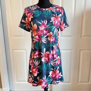 Pink and Navy Blue Hawaiian Print T-shirt Dress
